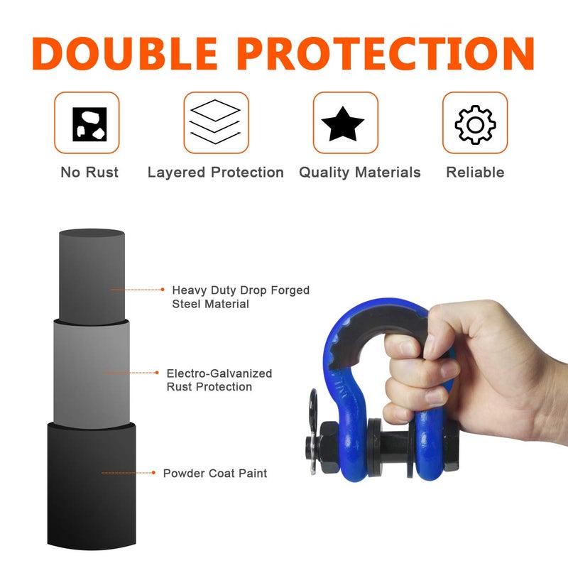 AMBULL Shackles 3/4 Inch D Ring Shackle (2 Pack) 45,000lb Break Strength with 7/8 Inch Pin, Isolator and Washer Kits for Use with Tow Strap, Winch, Off-Road Jeep Truck Vehicle Recovery, Blue - Image 4